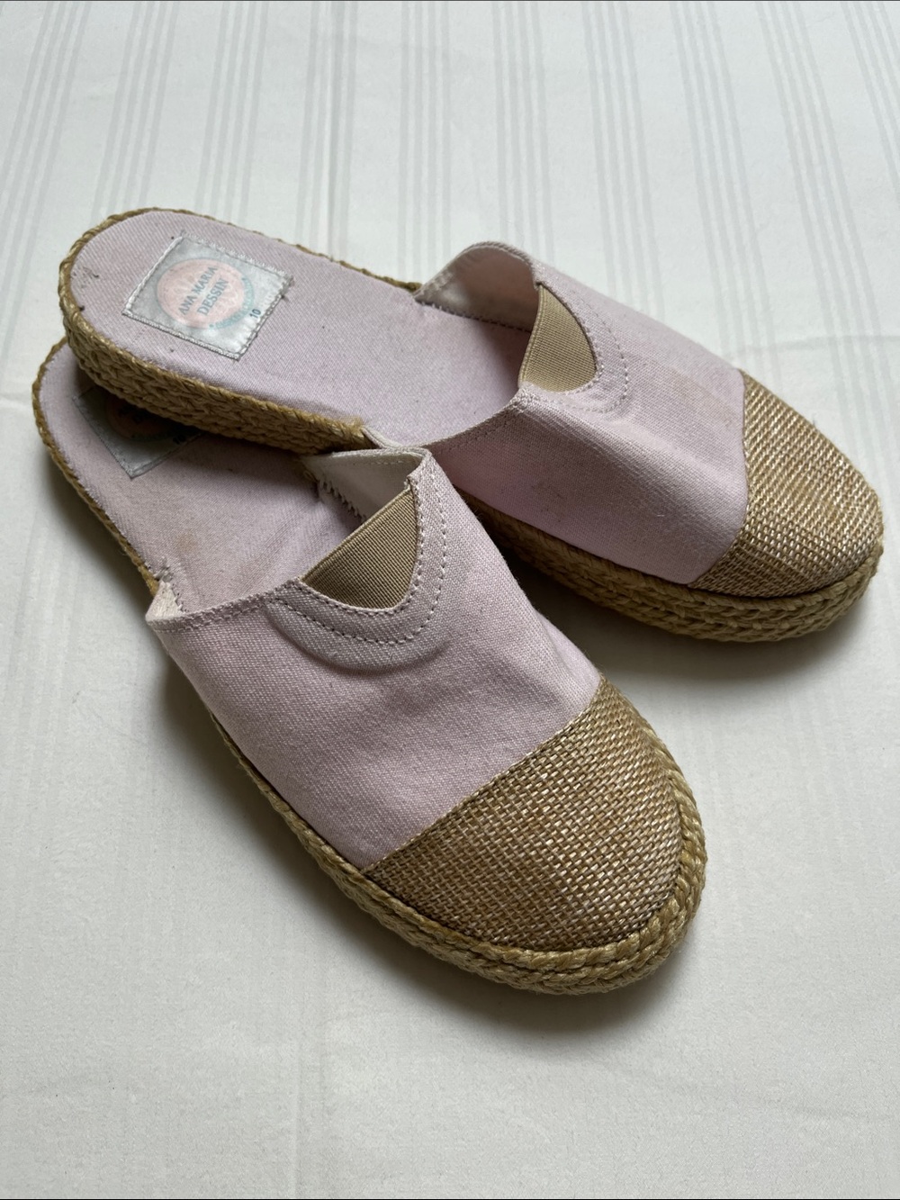 Ana Maria Dessin Pink Canvas Espadrille Mules with Woven Toe - Size 10